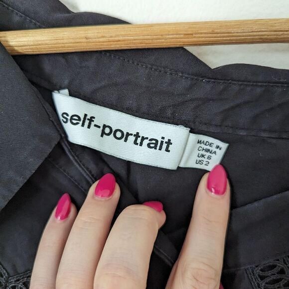 Self-Portrait black cotton poplin off one shoulder slouch long sleeve mini dress - Picture 3 of 7